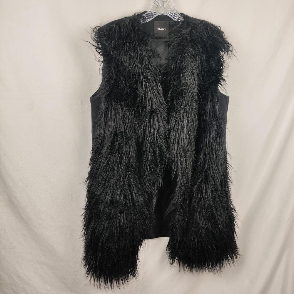 Theory Vest Womens Medium Black Faux Fur Long Open Front Lined Nyma Cody